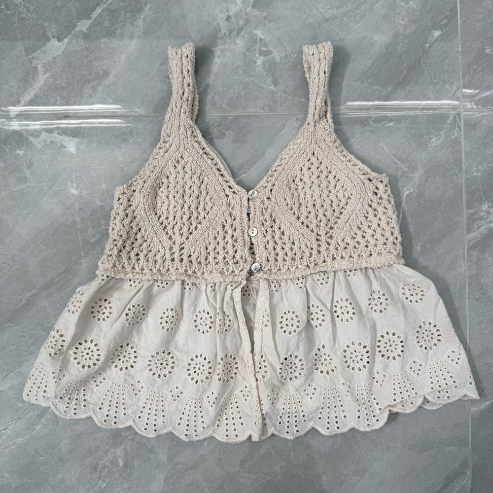 Crochet Knit & Eyelet Tank Top in Cream - Women's